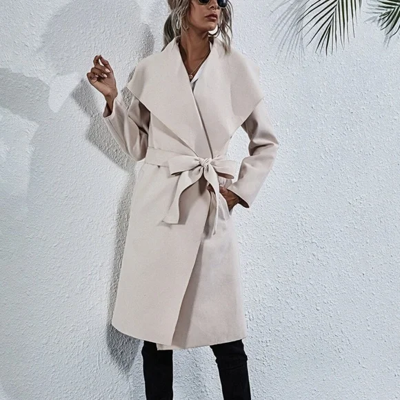 Cozy Cream waterfall trench long classic jacket Coat Winter - Picture 2 of 7
